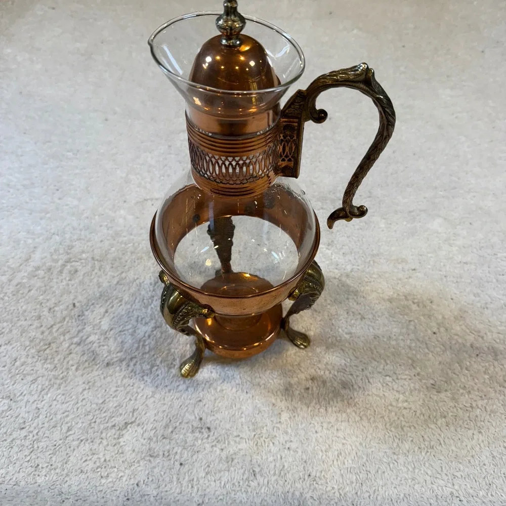 Vintage Copper and Glass Coffee Carafe Decanter with Ornate Warming Stand Set